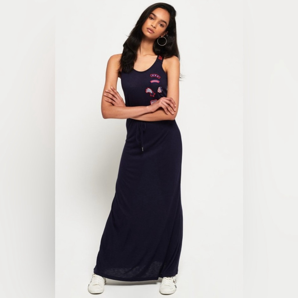 Superdry Tri Colour Strap Maxi Dress Eclipse Navy Size 4 Vintage Americana